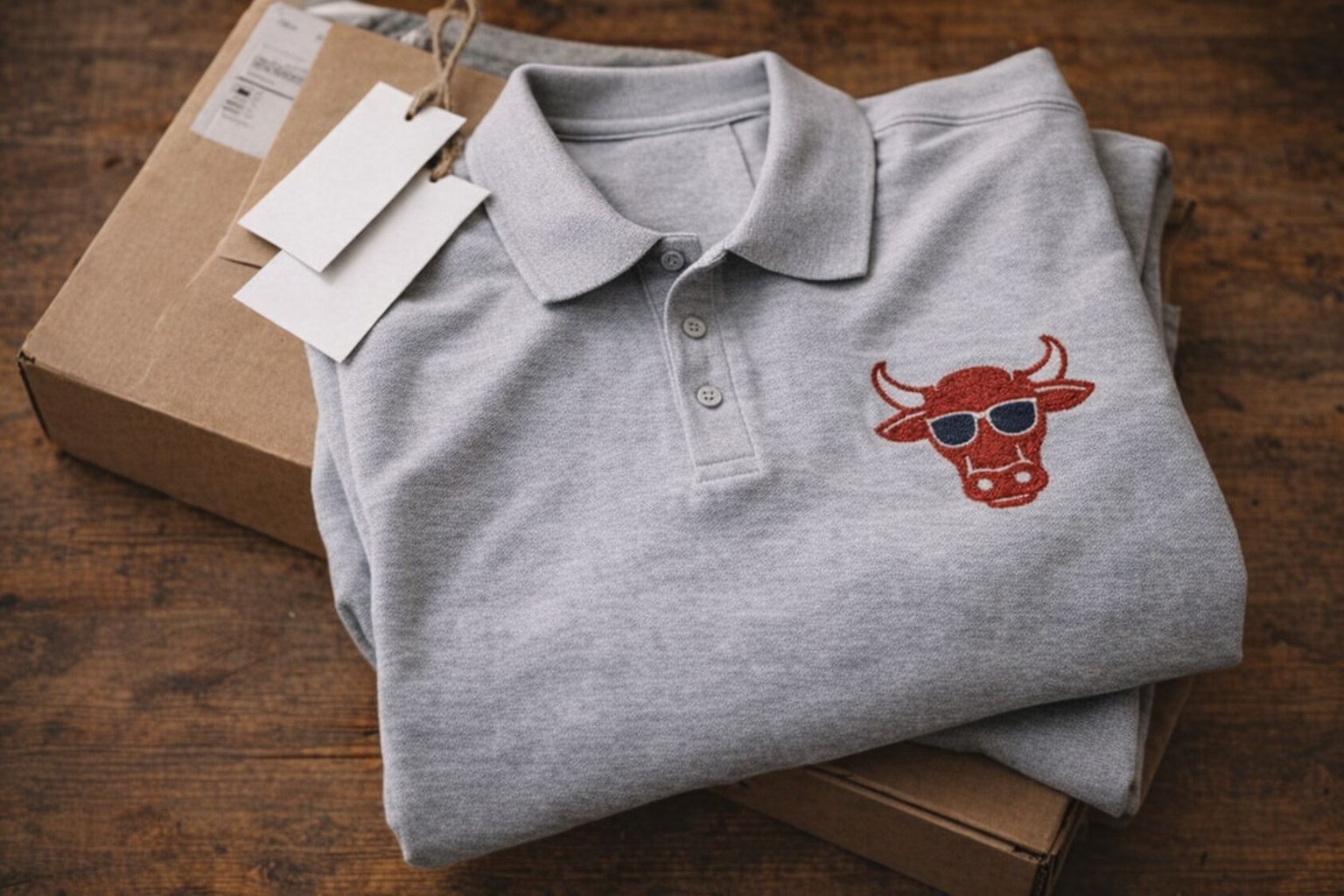 Grå pikétröja med broderad röd tjurlogotyp bredvid en fraktkartong.